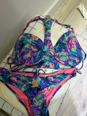 PINK Victoria's Secret Multicolor Abstract Push-Up Bikini - Teal, Purple & Pink